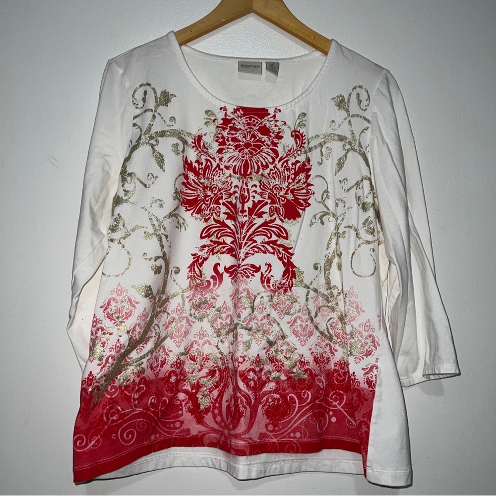 Chico's Red White Abstract Print Cotton Stretch Round Neck Pullover Top Size 2